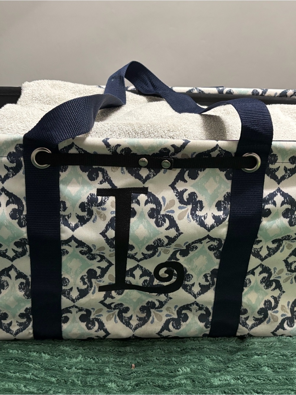 thirty-one Navy and Mint Patterned Monogram Tote